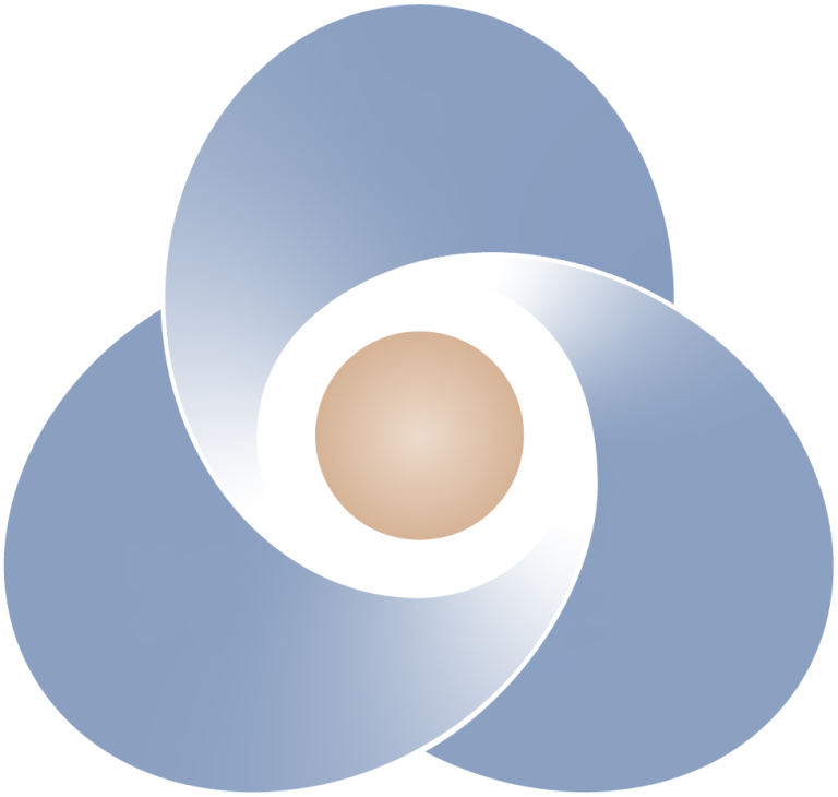 Logo Symbol in Form von drei geschwungenen blauen Segmenten um einen beigen Mittelpunkt.